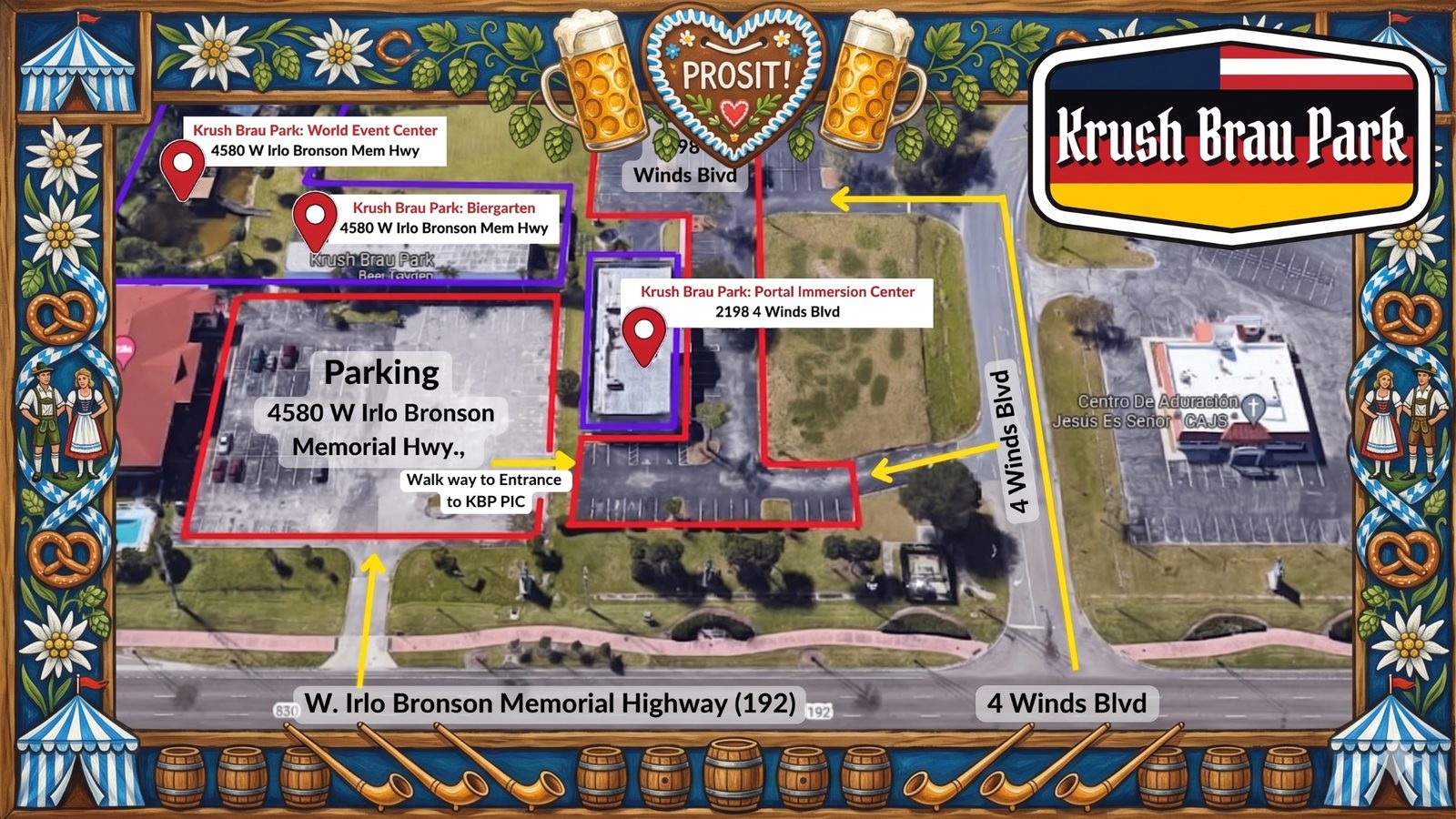 Krush Brau Park campus map showing the Portal Immersion Center at 2198 Four Winds Blvd, the Biergarten and World Event Center at 4580 W Irlo Bronson Memorial Hwy, and parking
